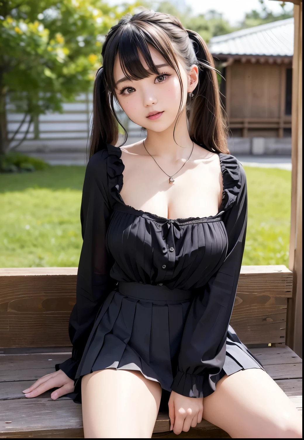 ( top quality、masterpiece:1.3、 ultra high definition )、( very detailed 、 caustics ) (Genuine:1.4、RAW shooting、)超Genuineなキャプチャ、 very detailed 、 Natural Skin Texture 、masterpiece、( wearing a black blouse and pleated skirt:1.3)、 cute expression 、 Happy expression、、: 、、 Innocent Girl 、 is amazingly cute、 twin tail hairstyle 、Curly Hair、ribbon、 black hair、 Big Breasted 、Shining thighs、Shining Ass、 necklace 、 Sitting on the terrace of a sunny cafe 、 detailed anatomy of a Japanese elementaround details、smile、 invite a gaze、( anatomically correct)、 Cowboy Shots 、 Detailed hair、 open legs wide and stick out crotch、 open crotch、 exposure of lace panties 、Expression of pubic bones 、