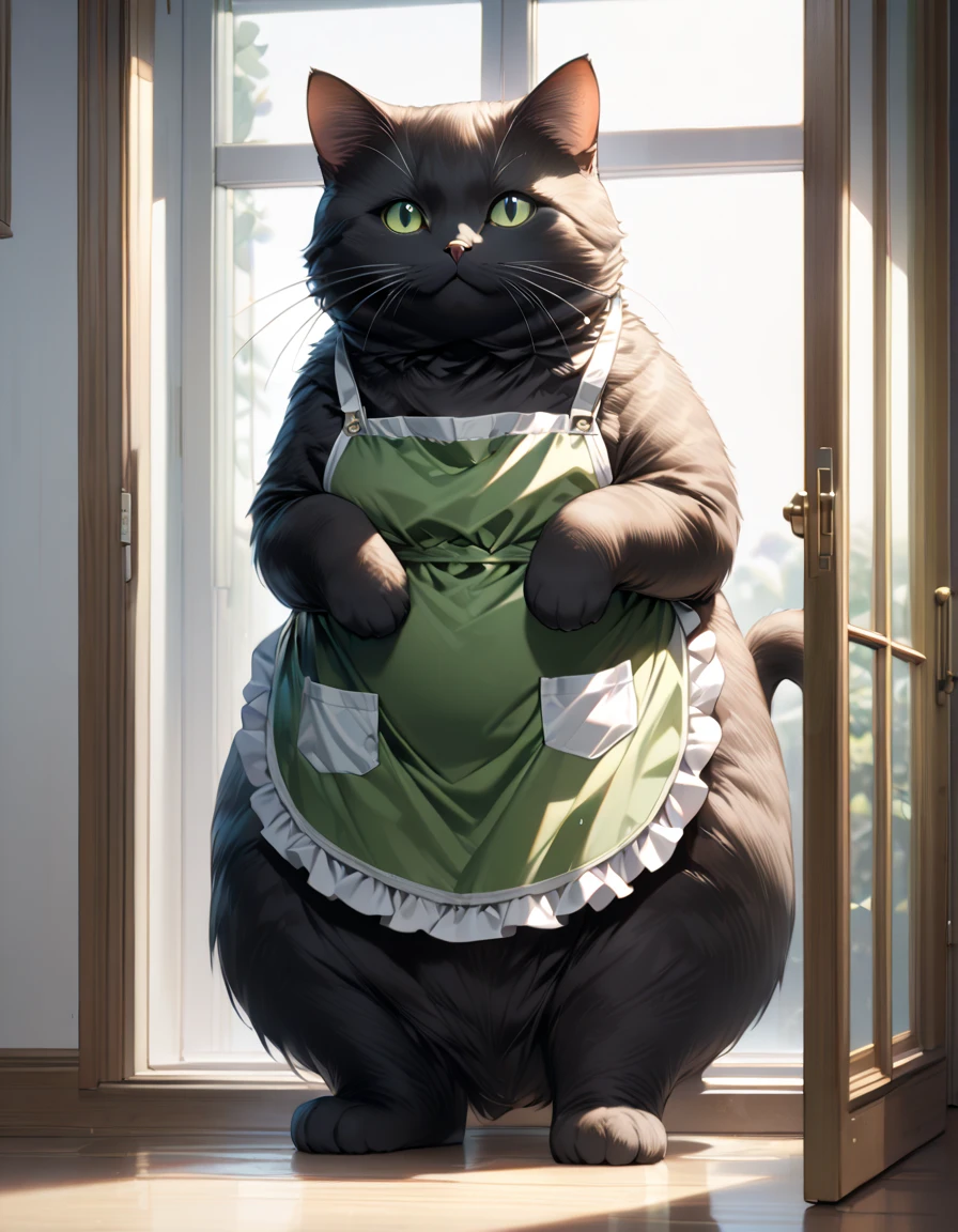 (masterpiece), (ultra-detailed), (best quality), (clear focus), (ultra-high resolution), (8k), perfect anatomy, perfect face, solo, detailed face, detailed eye, (the large chubby black cat is wearing a vertical striped green apron:1.2), (standing alone like a human in the white room and looking at outside from the window), (There are nothing in the room:1.4), (expressionless:1.2), (extremely detailed cat:1.3), full body