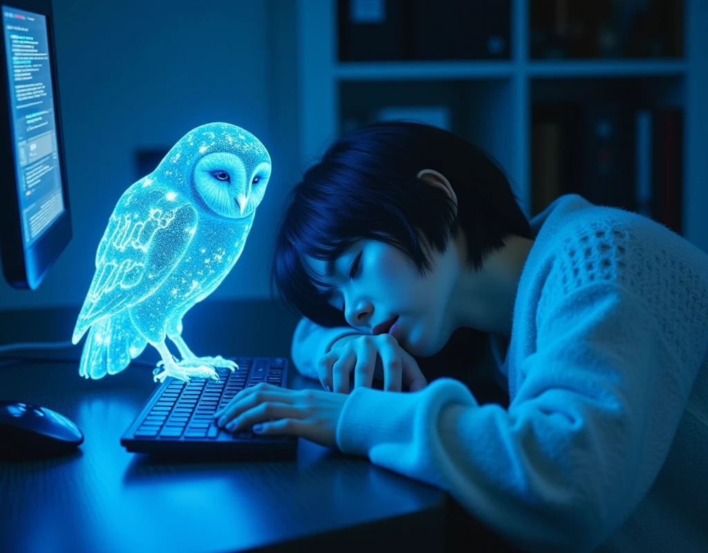 a blue hologram owl,it is side by a woman,the owl says text:”step by step”, the woman/(a black short hair),she sleeps at desk,over the keyboard,A blanket is being hung, （masterpiece, top quality:1.2）