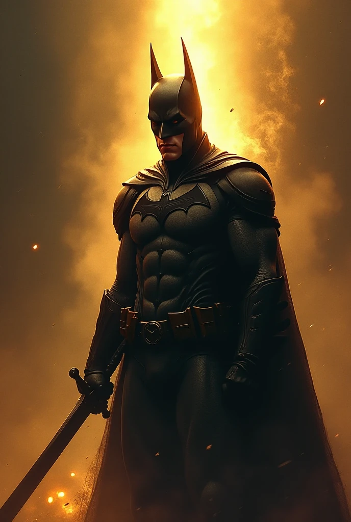 Digital sketch, dramatic lighting, a batman dark knight with a sword aloft,  holy cross symbolism, radiant and luxurious details.  Loose painterly strokes, misty atmospheric effects, warm golden glow, vibrant colors. Film-like composition, focus on rich textures and mood.