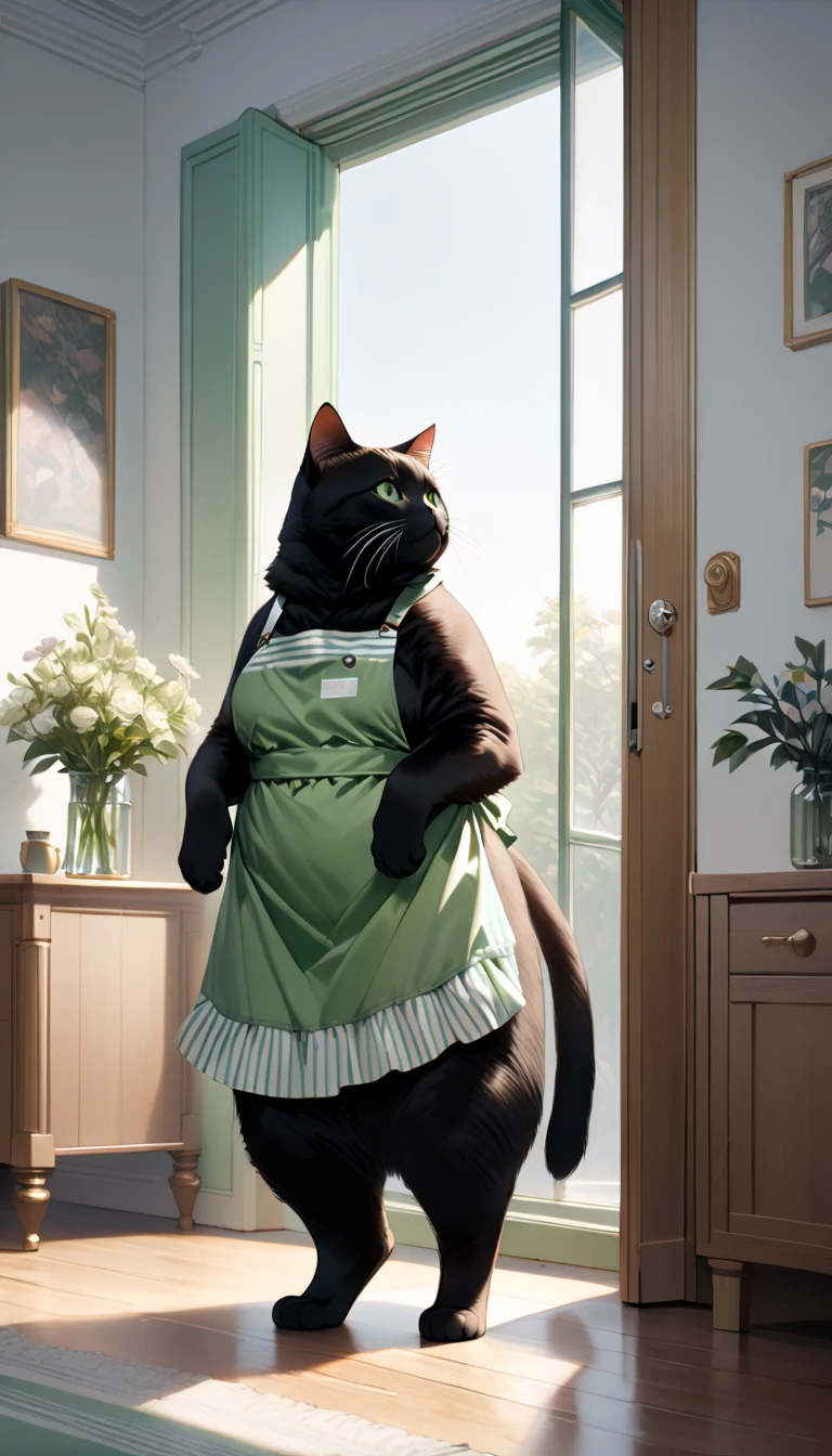 (masterpiece), (ultra-detailed), (best quality), (clear focus), (ultra-high resolution), (8k), perfect anatomy, perfect face, solo, detailed face, detailed eye, (the large chubby black cat is wearing a vertical striped green apron:1.2),  (standing alone like a human in the white room and looking at outside from the window), (There are nothing in the room:1.4), (expressionless:1.2), (extremely detailed cat:1.3), full body