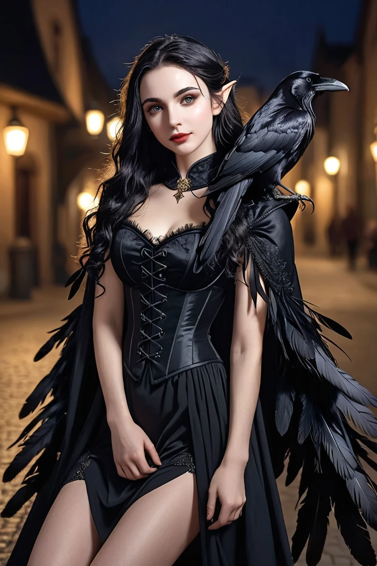  a pale female elf , cheeky, provocative, Sufficient,  full lips, smiles,  black hair,  long hair, Curly,  black dress , laced, corset,  wears a cape made entirely of raven feathers, No weapons ,  dark eyes, Many ravens around her ,  at night , cheeky look ,  undaunted , A raven on his shoulder 