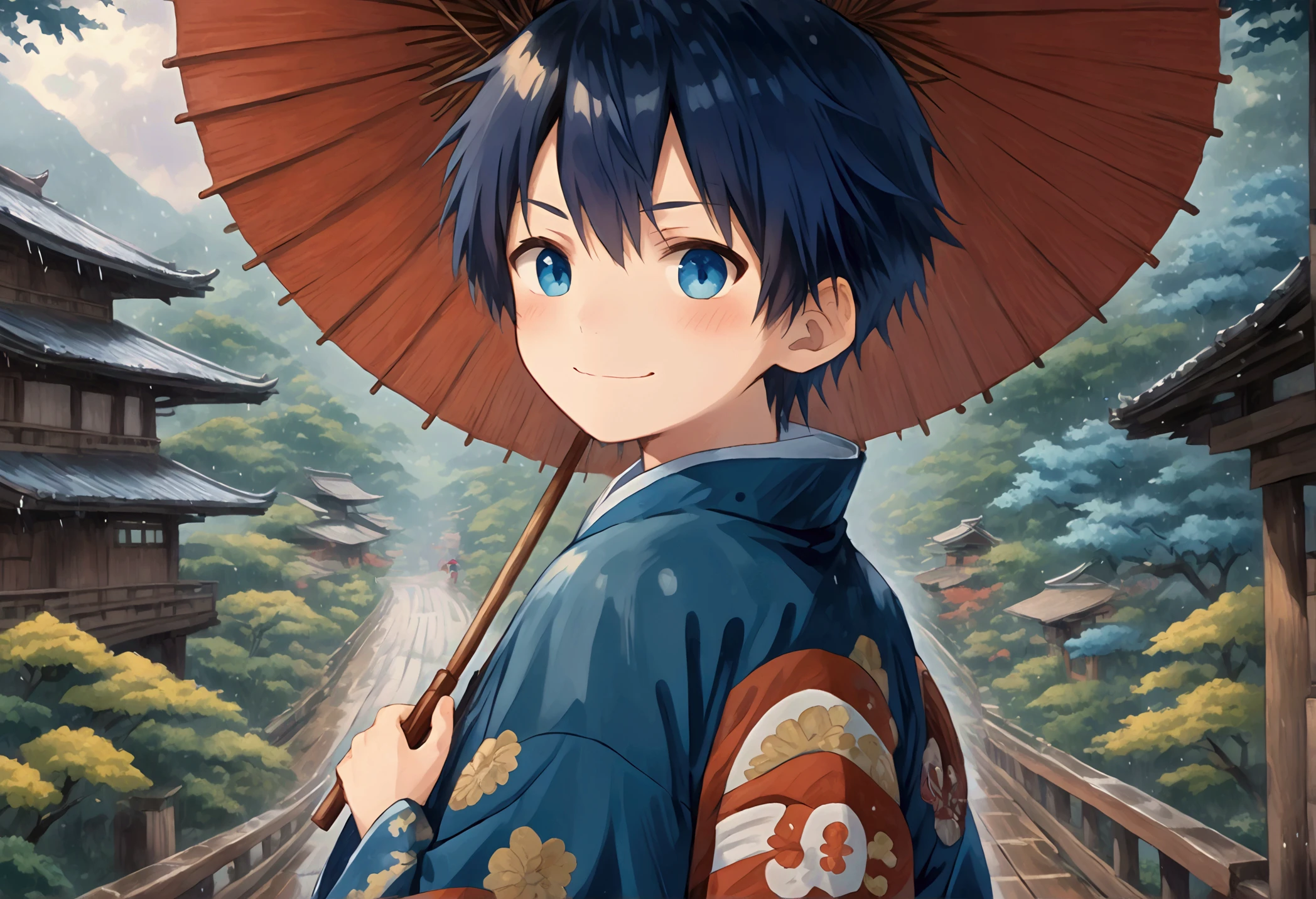 Blue kimono, medium-long hair, bright blue eyes,  anime boy ，Standing on an ancient red Japanese-style wooden bridge holding a wooden umbrella against the camera with an evil smile Japanese architecture rainy day