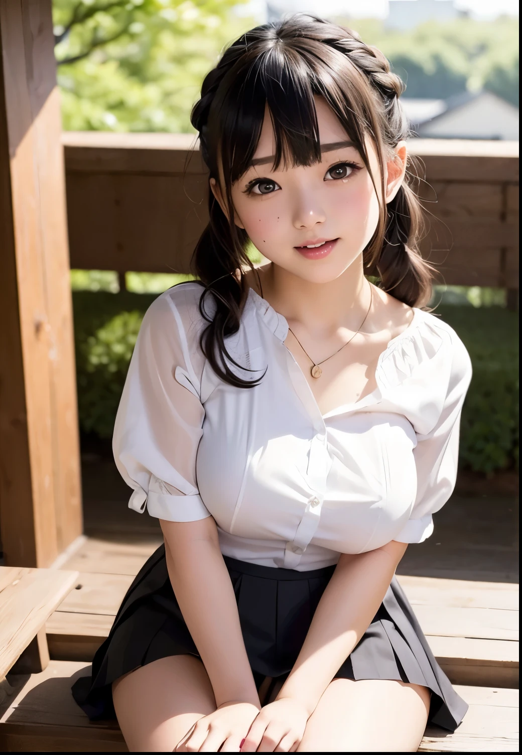 (highest quality,masterpiece:1.3,Ultra-high resolution),(Very detailed,Caustics,8k),(Realistic:1.4,RAW shooting),18-year-old,cute,Japanese Idols,Black hair half up,Smiling and looking at the camera,Crouched posture,Big Breasts,cardigan,Knitted dress,(garden),(Low position:1.2),(Low Angle:1.2),(Face Focus:1.2),(Face close-up:1.2),Natural light,(Lens flare),Professional Writing