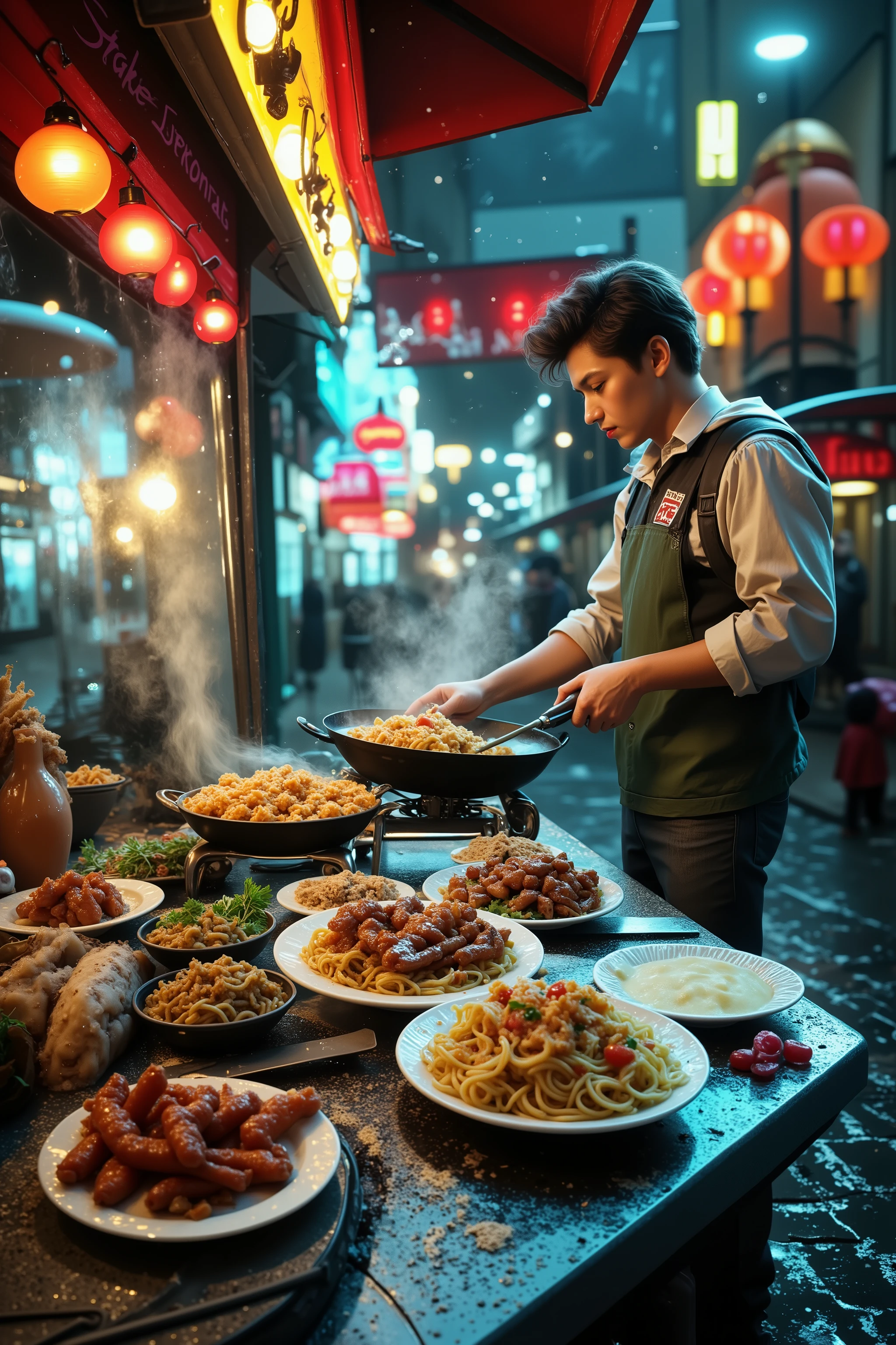 Create a hyper-realistic, award-winning photograph of a bustling street food stall set in a vibrant city street illuminated by neon lights. The stall is alive with energy, featuring a steamy wok where a skilled vendor prepares sizzling, mouthwatering dishes. The warm glow from the stall’s hanging lanterns and neon signs reflects off the wet pavement, creating a dazzling mix of colors—deep reds, electric blues, and glowing yellows.

The stall itself is adorned with handwritten menus, stacked bowls, and an array of fresh ingredients, capturing the authenticity of street food culture. Wisps of fragrant steam rise into the cool night air, swirling under the neon glow, while sizzling sounds and flickering flames add depth to the scene. Plates of delicious, freshly made food—ramen, stir-fried noodles, skewered meats, and crispy dumplings—are placed on the counter, ready to be served.

In the background, the lively city hums with blurred silhouettes of pedestrians, bustling traffic, and glowing neon signs reflecting off shop windows. The wet pavement enhances the scene, mirroring the lights and creating an almost dreamlike atmosphere. The composition balances the rich details of the food stall, the glowing ambiance of the city, and the inviting warmth of the steaming dishes, evoking the irresistible allure of late-night street food.