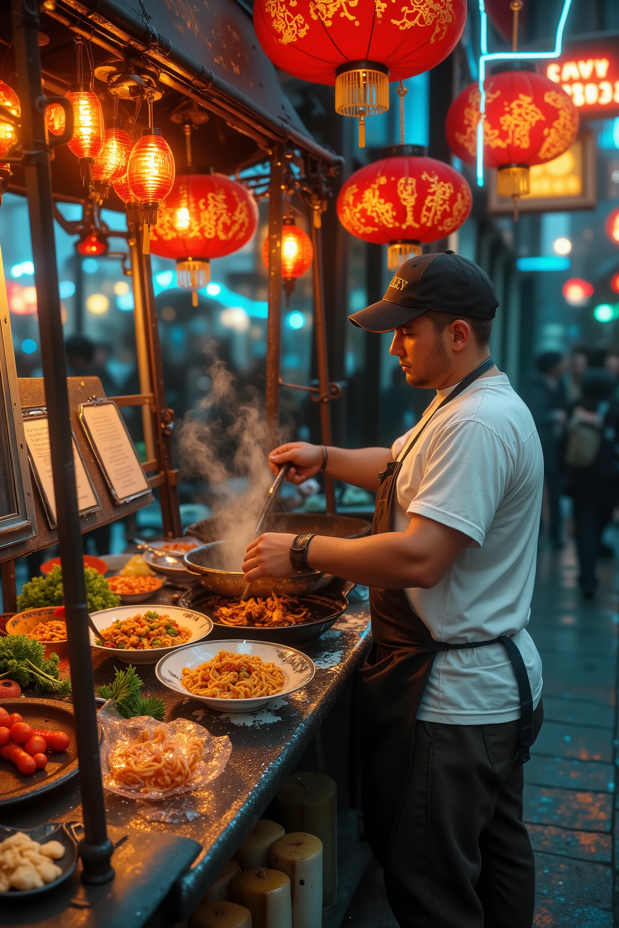 Create a hyper-realistic, award-winning photograph of a bustling street food stall set in a vibrant city street illuminated by neon lights. The stall is alive with energy, featuring a steamy wok where a skilled vendor prepares sizzling, mouthwatering dishes. The warm glow from the stall’s hanging lanterns and neon signs reflects off the wet pavement, creating a dazzling mix of colors—deep reds, electric blues, and glowing yellows.
The stall itself is adorned with handwritten menus, stacked bowls, and an array of fresh ingredients, capturing the authenticity of street food culture. Wisps of fragrant steam rise into the cool night air, swirling under the neon glow, while sizzling sounds and flickering flames add depth to the scene. Plates of delicious, freshly made food—ramen, stir-fried noodles, skewered meats, and crispy dumplings—are placed on the counter, ready to be served.
In the background, the lively city hums with blurred silhouettes of pedestrians, bustling traffic, and glowing neon signs reflecting off shop windows. The wet pavement enhances the scene, mirroring the lights and creating an almost dreamlike atmosphere. The composition balances the rich details of the food stall, the glowing ambiance of the city, and the inviting warmth of the steaming dishes, evoking the irresistible allure of late-night street food.