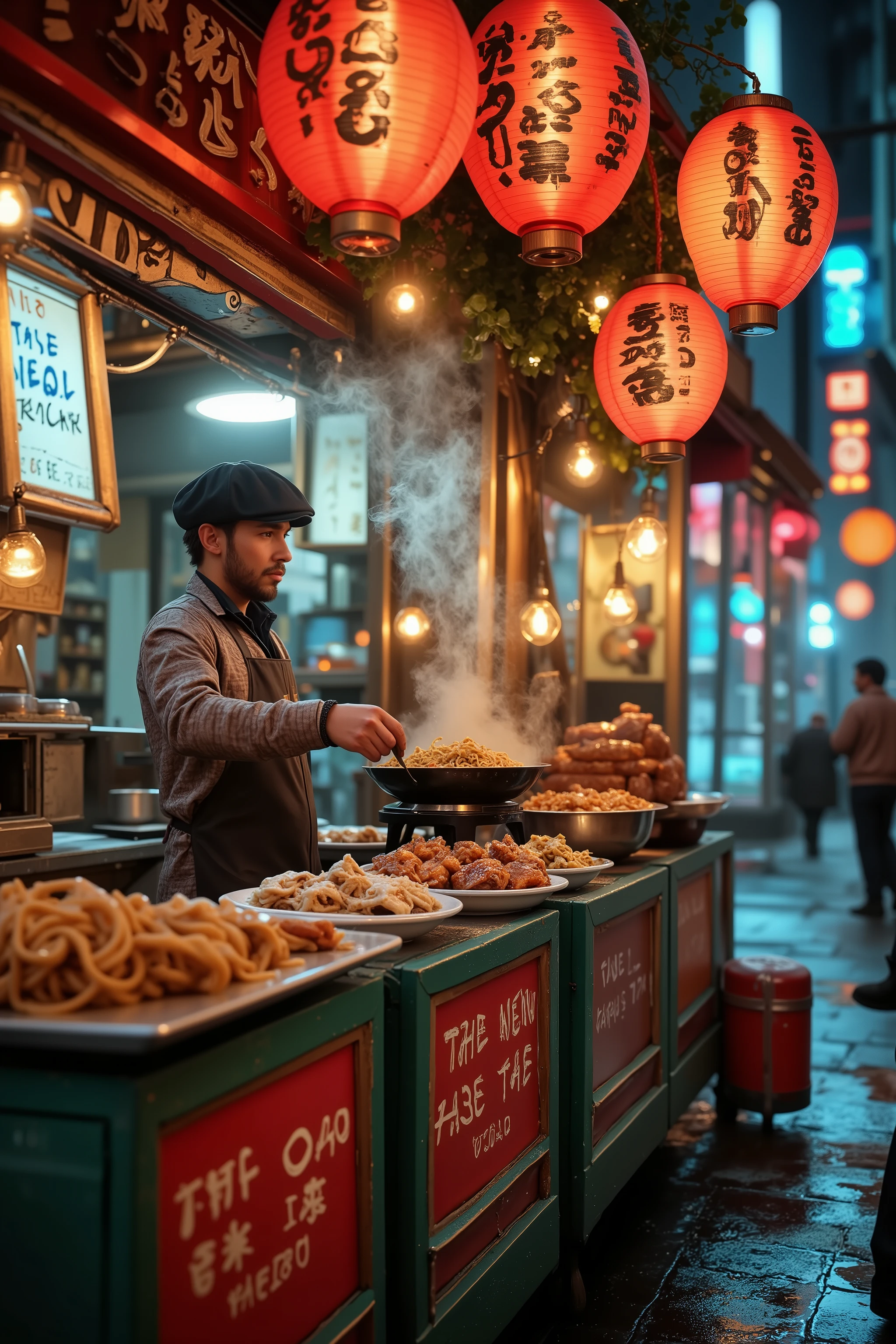 Create a hyper-realistic, award-winning photograph of a bustling street food stall set in a vibrant city street illuminated by neon lights. The stall is alive with energy, featuring a steamy wok where a skilled vendor prepares sizzling, mouthwatering dishes. The warm glow from the stall’s hanging lanterns and neon signs reflects off the wet pavement, creating a dazzling mix of colors—deep reds, electric blues, and glowing yellows.

The stall itself is adorned with handwritten menus, stacked bowls, and an array of fresh ingredients, capturing the authenticity of street food culture. Wisps of fragrant steam rise into the cool night air, swirling under the neon glow, while sizzling sounds and flickering flames add depth to the scene. Plates of delicious, freshly made food—ramen, stir-fried noodles, skewered meats, and crispy dumplings—are placed on the counter, ready to be served.

In the background, the lively city hums with blurred silhouettes of pedestrians, bustling traffic, and glowing neon signs reflecting off shop windows. The wet pavement enhances the scene, mirroring the lights and creating an almost dreamlike atmosphere. The composition balances the rich details of the food stall, the glowing ambiance of the city, and the inviting warmth of the steaming dishes, evoking the irresistible allure of late-night street food.