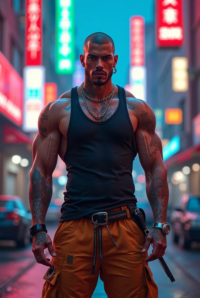 Man, Brown skin, Moicano, flamengo tattoo, streetwear, personagem cyberpunk, ultra realistic, 4k, disco Rigido