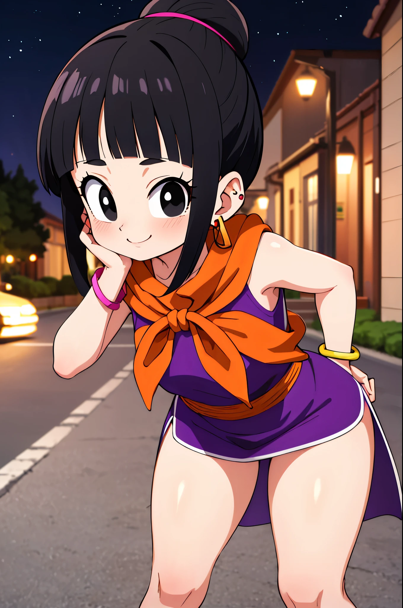 masterpiece, best quality, highres, dragon ball, single hair bun, hair bun, blunt bangs, sidelocks, black eyes, earrings, orange neckerchief, orange scarf, purple dress, sleeveless, bracelet, hand on hip, outdoors, street, thicc thigs, showing legs, sexy smile, night, naughty, wink, sexy pose,