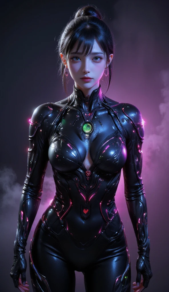 (best quality,4k,8k,highres,masterpiece:1.2),ultra-detailed,(realistic,photorealistic,photo-realistic:1.37), a groundbreaking and visually stunning 3D rendering of a futuristic female figure, the superbly crafted suit is made of ultra-shiny black carbon latex, featuring intricate electronic patterns that accentuate the figure's curves. The suit is adorned with multicolored neon lights and enhanced with electronic circuit details. The overall design seamlessly merges the boundaries between humans and machines, electronics, and cyberpunk influences. The artist's expert use of artificial intelligence brings this captivating and imaginative masterpiece to life, blending illustration, anime, fashion, and portrait photography., illustration, anime, fashion, portrait photography
