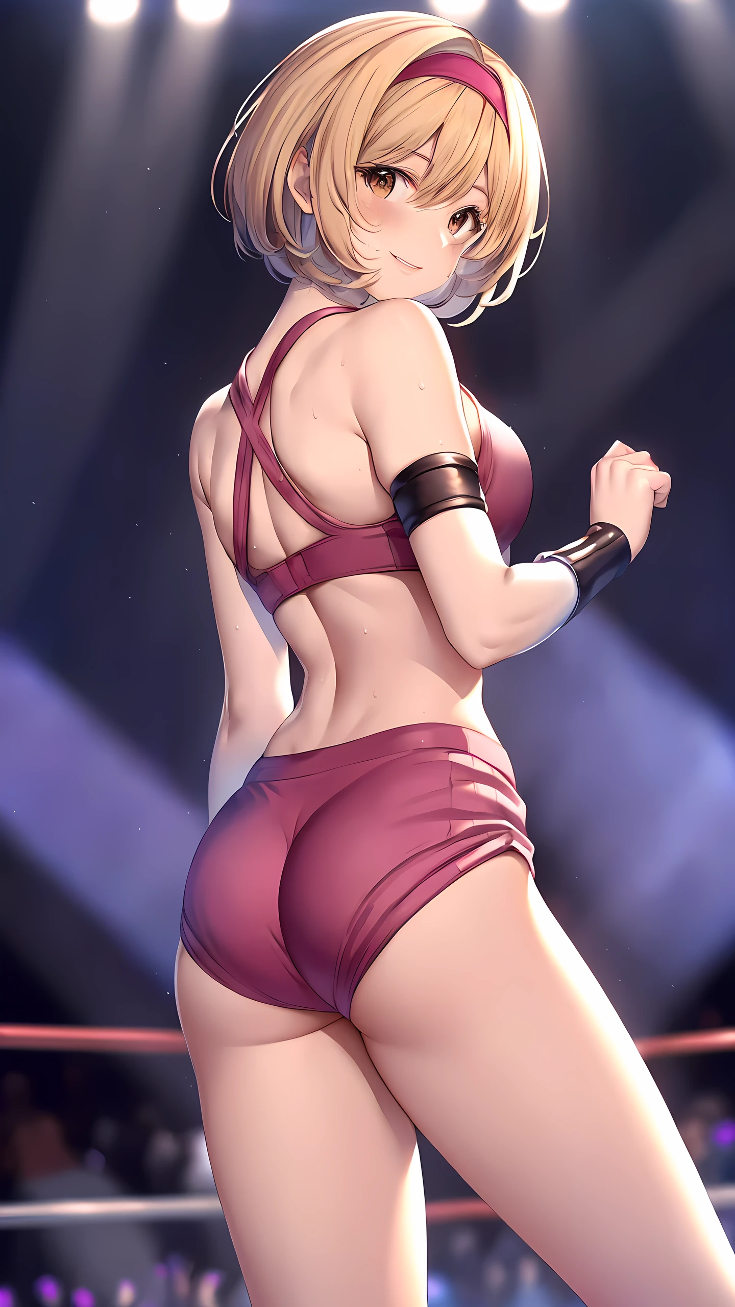 Beautiful blue short bob woman with bright red eyes,  She looks down on the viewer with a cute smile, Highly detailed and realistic, masterpiece quality, Very detailed, High resolution, Studio Lighting, Vibrant colors, Physically Based Rendering, Thick and muscular thighs, Beautiful muscular thighs, Very strong wrestler,((Raise your arms, Expose your armpits)), (Looking back, Big muscular ass)