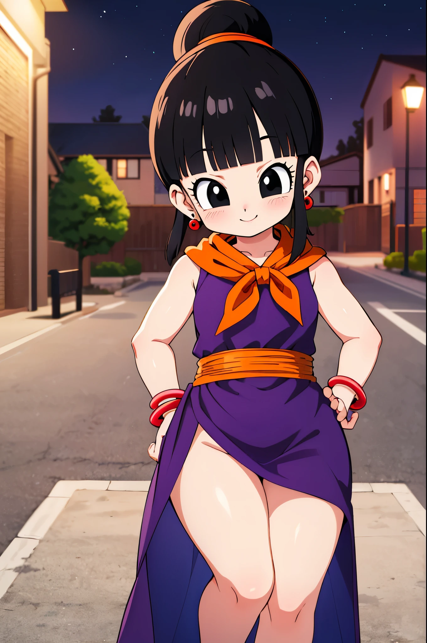 masterpiece, best quality, highres, dragon ball, single hair bun, hair bun, blunt bangs, sidelocks, black eyes, earrings, orange neckerchief, orange scarf, purple dress, sleeveless, bracelet, hand on hip, outdoors, street, thicc thigs, showing legs, sexy smile, night, naughty, wink, sexy pose,
