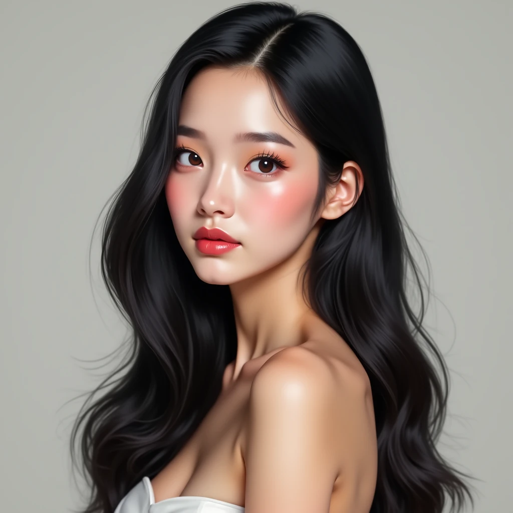 A black-haired, black-eyed woman with a crown and bangs, wearing an evening gown, is a 2D, has white skin, long hair, is very beautiful, has sharp eyes.