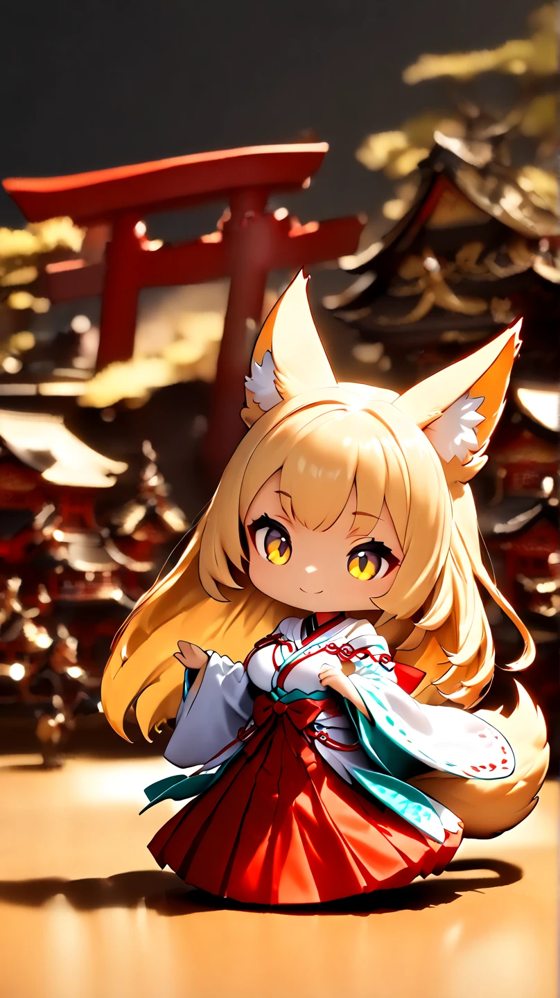 (  Masterpiece ,   top quality:1.2), ((( 1 anime girl))) , (((Alone))),   expressive eyes , Fox&#39;s Tail, ((( blonde long hair ))). ((( straight hair))), milf, mature woman, (smile), ((( golden eyes))), (((Standard shrine maiden costume))), ((( fox ears))), Big Breasts, 嬉しそうなsmile, face shot, (手を振ってsmileで話す),  looking at camera, goofy look, (((Torii of the small shrine ))),  Volume Light ,  subsurface scattering,  Cinematic Light ,  chiaroscuro,  jyojifuku, miko,red hakama, HUGE STUDY ROOM , ((( A miniature of a shrine on a huge desk))), ((( a very small hand-riding goddess on a huge desk))), Bird&#39;s-eye view, (((Tiny 5 cm tall woman ))), SD girl 