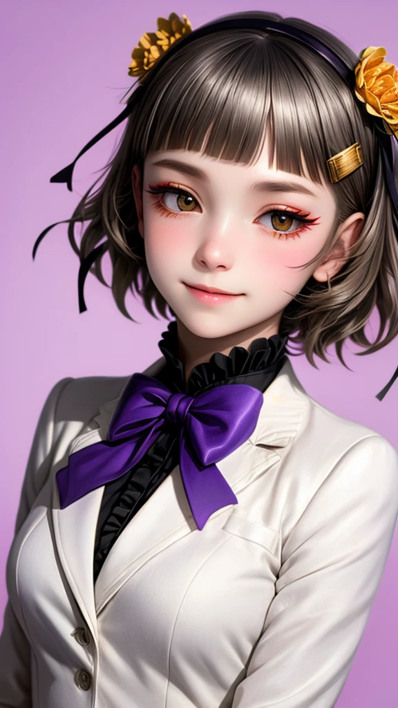 (best quality:1.5), (masterpiece:1.5), (Realistic:1.5), ((Portrait)), very detailed, high resolution, 8k, cute Japanese woman, cute 2 beauty, (medium breasts), thin lips, detailed face, Beautiful and elegant face, cute face, natural bangs, arched eyebrows, well-groomed eyebrows, (big eyes with a good balance between the left and right sides), cute eyes, beautiful eyes, beautiful thin nose, beautiful face line, (beautiful skin), medium Hair, (natural bangs), (Gentle smile), smooth skin skin, fair skin, (Natural Light:0.8), (lighting forward:0.8), (lighting front:0.8), (Flat lighting:0.8), cute smile, Detailed fingers, beautiful hands, (round face:1.4), (Beautiful cleavage:1.5), ((naked:1.5)), ((Beautiful nipples:1.5)), White Wallpaper, Wear a jacket over your outerwear without any clothing, Notebook, ballpoint pen, necktie, Hair accessories, hairpins,