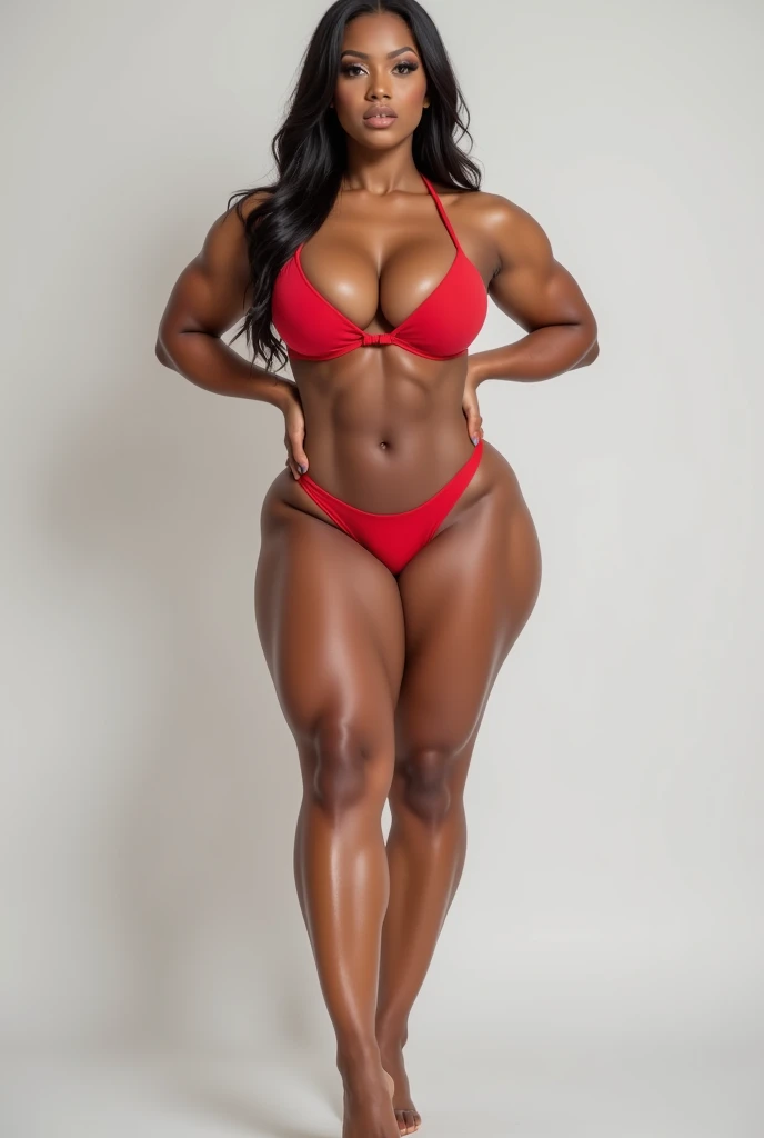 Big muscle mom wearing red lingerie and sneakers