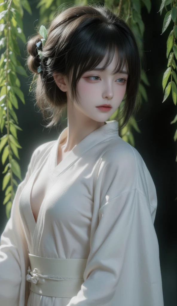 ((best quality,4k,8k,highres,masterpiece:1.2,ultradetailed,realistic,photorealistic,photo-realistic:1.37)),(1 woman,),(((ink painting,Japanese female ghost,Standing under a willow tree))),perfect face,(((white kimono,white obi,Transparent body))), ((black hair,long hair,center part hairstyle:1.5,gentle face,Drooping eyes:1.6,Dark brown eyes,messy hair:0.8,Biting hair)),(huge :1.5, big hip,),(look down,sorrow),(from behind),(Glossy body:1.5),(wet body),full body,hanging scroll,(I can&#39;t see my feet:1.2),femail ghost, (no background:1.5),night,pale skin,Blurred Eyes,Willow leaves drooping, (monochrome:1.2),dont look viewer