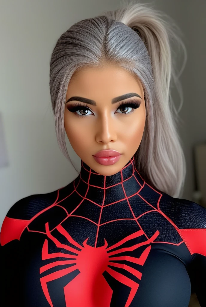 porn girls , Cosplay black spiderwoman,No mask,young girl 18 years, No mask cute young face,The face is watching , gray hair,ponytail, See full upper body