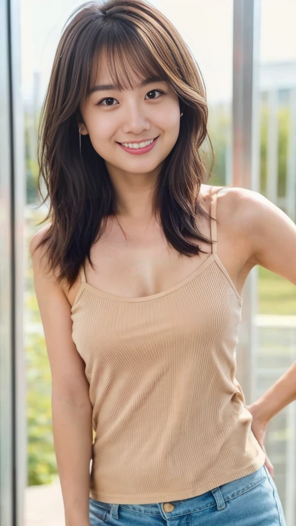 highest quality, figure, super detailed, finely, High resolution, 8k wallpaper, Perfect dynamic composition, beautiful skin, (big eyes), 20 year old beautiful girl, Natural color lip, (sexy pose), mid chest, smile, Highly detailed face and skin texture, Detailed eyes, Double eyelid,leaking teeth and laughing, close-up,   medium black hair, (green one piece:1.2), beautiful hotel lobby, 1 girl