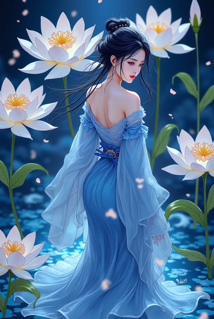  A fusion of ink painting and watercolor painting、Mature Japanese Woman、Black Hair、Blue see-through dress、masterpiece、 best quality、