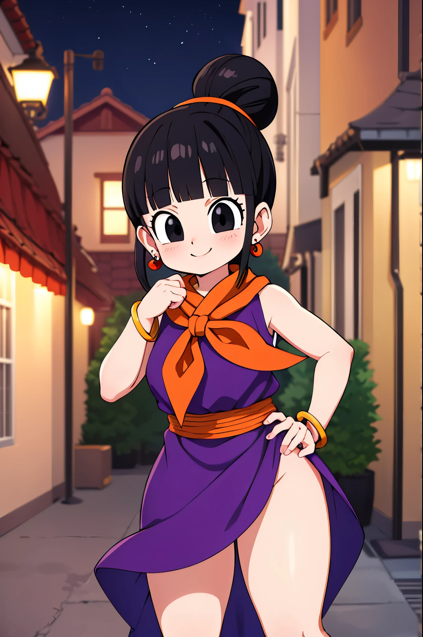 masterpiece, best quality, highres, dragon ball, single hair bun, hair bun, blunt bangs, sidelocks, black eyes, earrings, orange neckerchief, orange scarf, purple dress, sleeveless, bracelet, hand on hip, outdoors, street, thicc thigs, showing legs, sexy smile, night, naughty, wink, sexy pose,