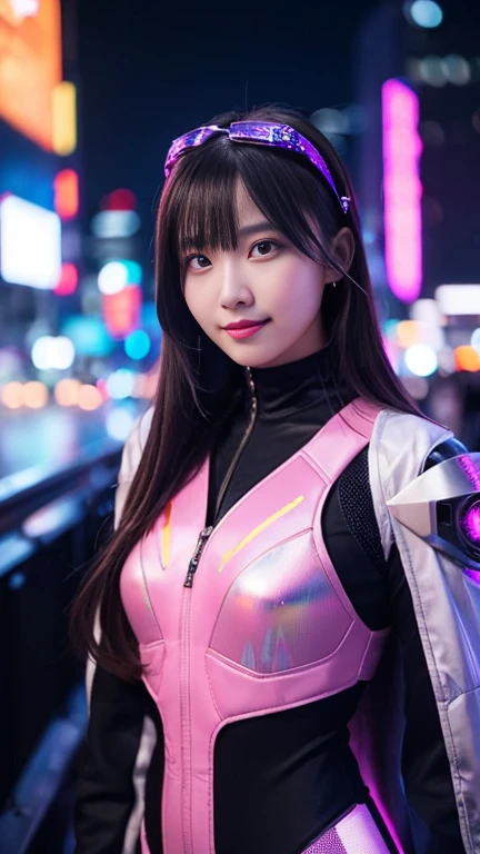 (ultra best quality、8K、masuter piece、delicate illustration、full body Esbian、A beautiful and bewitching Japanese 25-year-old woman、)、(Futuristic close-fitting magenta and white metallic hero suit:1.2) 、(Very plump body 1.1、Super Big 1.2)、smiling at the viewer、A dark-haired
