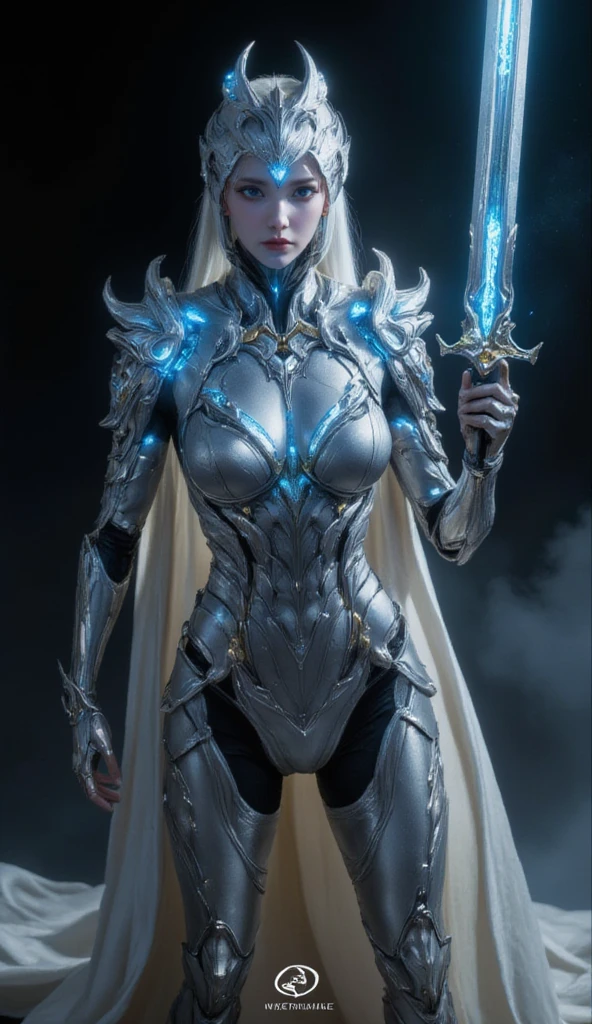 Warframe, a luminescent guardian, stands resolute against the dark expanse. Adorned in an intricate suit of silver armor, infused with ethereal energy, she embodies a fusion of strength and elegance. The armor's metallic plates shimmer with a soft, blue light, as if the very fabric of the suit is alive and pulsing with an otherworldly power.

A flowing white cape, embroidered with intricate circuitry, billows behind her, a testament to her unwavering dedication to her craft. Her face, a mask of serenity, is set in a determined expression, as if she has gazed into the very depths of the void and emerged unscathed.

In her hand, a radiant sword gleams with an intense, crystalline light, its blade a focal point for the energy that courses through her armor. The Warframe's eyes, pools of deep, unyielding resolve, seem to bore into the very soul of the darkness, a challenge to the shadows to come forth and test her mettle.

As she stands, a beacon of hope in a desolate universe, the Warframe embodies the unyielding spirit of a warrior, a shining exemplar of courage and determination in the face of overwhelming adversity.