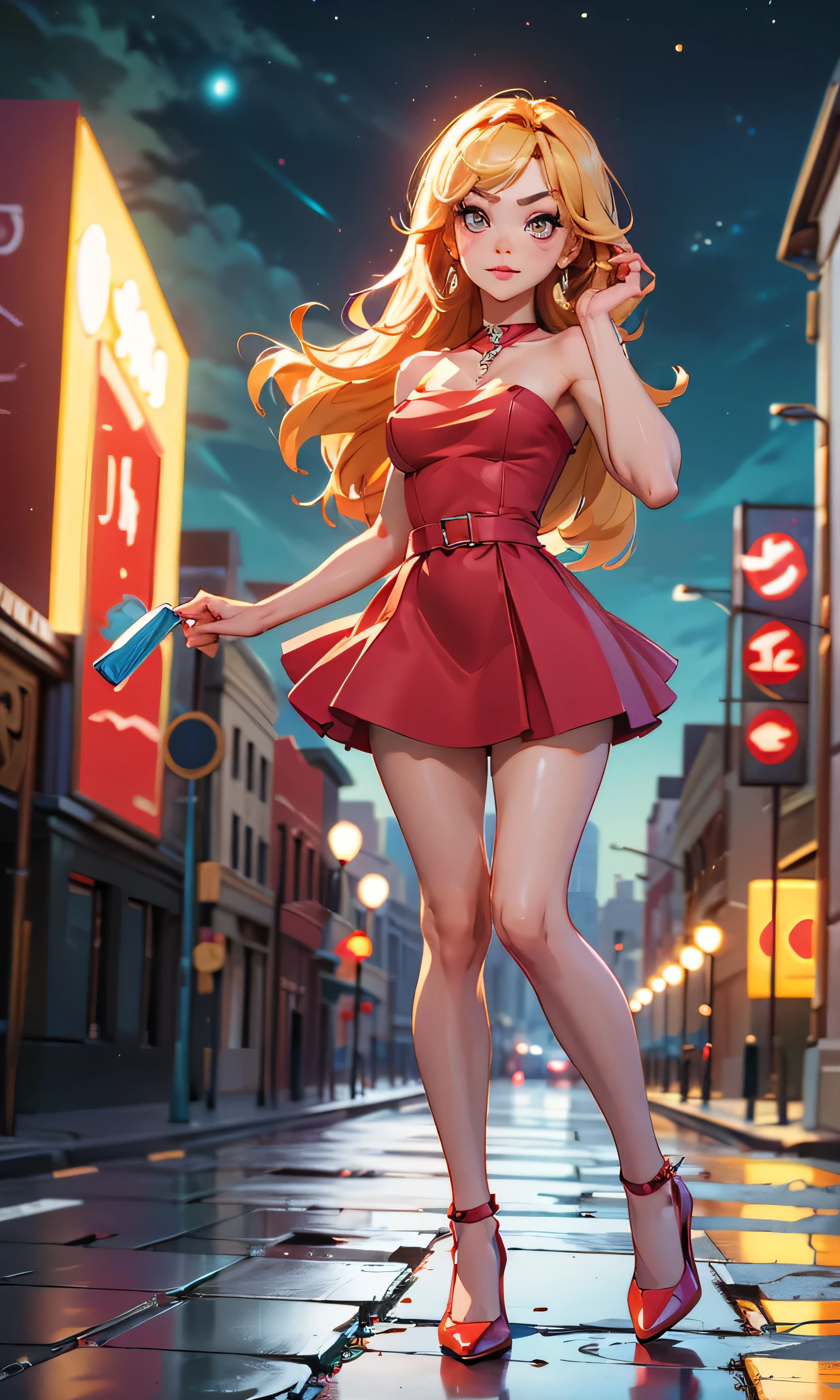  masterpiece, 1 girl, beautiful, slim, head on,  looking at the spectator ,  Long hair ,  blond hair , brown eyes,  arched eyebrows ,  Full body ,  pretty legs, abdomen plano, Kpop outfit ,  red dress ,  short dress, bell dress ,  bare shoulders, Megan neckline trendy , red shoes, (((desnuda))), on the street, dark sky, Camino de Flores ,