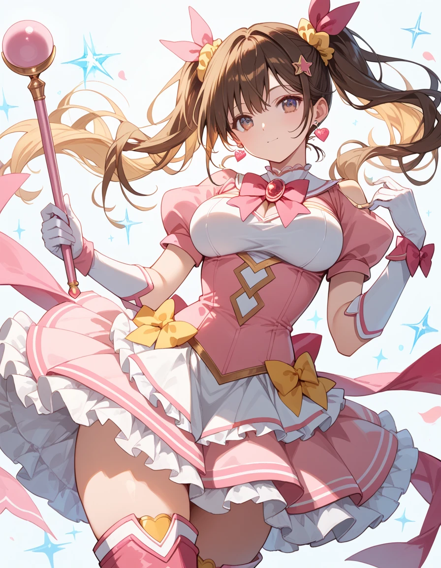 (((spread legs)))、(((Rainbow Magical Girl Costume)))、((Panty shot))、Beautiful Magician、short brown hair、((whole body))、(((photo taken from below)))、The background is darkness