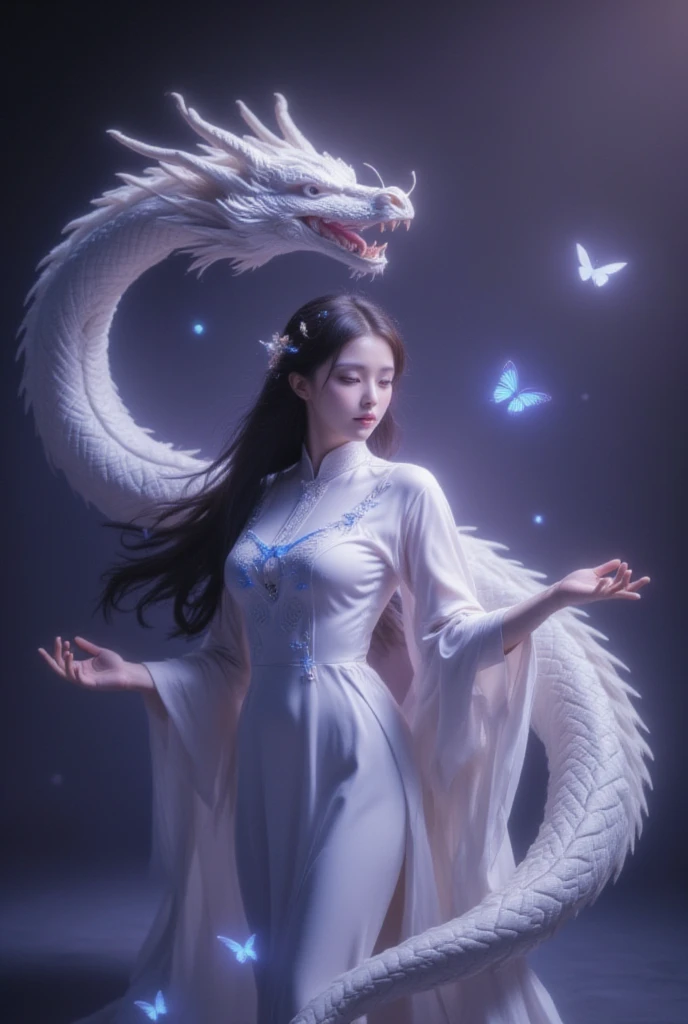 This is a highly detailed digital artwork in the anime style, depicting a serene and mystical scene. The central figure is a woman with long, flowing black hair adorned with delicate white ribbons. She wears an elegant, white, traditional Chinese dress with intricate, flowing sleeves and a high collar. The dress is adorned with delicate blue and white beadwork and tassels, adding a touch of sparkle and depth to the fabric. The woman's skin is fair, and she has a serene expression with soft, delicate features.
To her left, a large, graceful white dragon with a long, sinuous body winds around the woman, its scales shimmering with a subtle iridescence. The dragon's eyes are a deep, penetrating blue, and its mouth is slightly open, revealing sharp teeth. The dragon's body blends seamlessly into the background, which is a gradient of dark purples and blacks, creating a sense of depth and movement.
In the background, there are subtle, glowing orbs and wispy, ethereal light effects, enhancing the mystical atmosphere. A few butterflies, with translucent wings, float gently around the woman, adding to the ethereal feel of the scene. The overall composition is balanced and harmonious, with a blend of fantasy and traditional elements.
