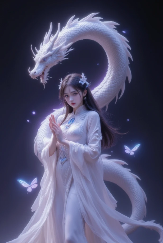 This is a highly detailed digital artwork in the anime style, depicting a serene and mystical scene. The central figure is a woman with long, flowing black hair adorned with delicate white ribbons. She wears an elegant, white, traditional Chinese dress with intricate, flowing sleeves and a high collar. The dress is adorned with delicate blue and white beadwork and tassels, adding a touch of sparkle and depth to the fabric. The woman's skin is fair, and she has a serene expression with soft, delicate features.
To her left, a large, graceful white dragon with a long, sinuous body winds around the woman, its scales shimmering with a subtle iridescence. The dragon's eyes are a deep, penetrating blue, and its mouth is slightly open, revealing sharp teeth. The dragon's body blends seamlessly into the background, which is a gradient of dark purples and blacks, creating a sense of depth and movement.
In the background, there are subtle, glowing orbs and wispy, ethereal light effects, enhancing the mystical atmosphere. A few butterflies, with translucent wings, float gently around the woman, adding to the ethereal feel of the scene. The overall composition is balanced and harmonious, with a blend of fantasy and traditional elements.
