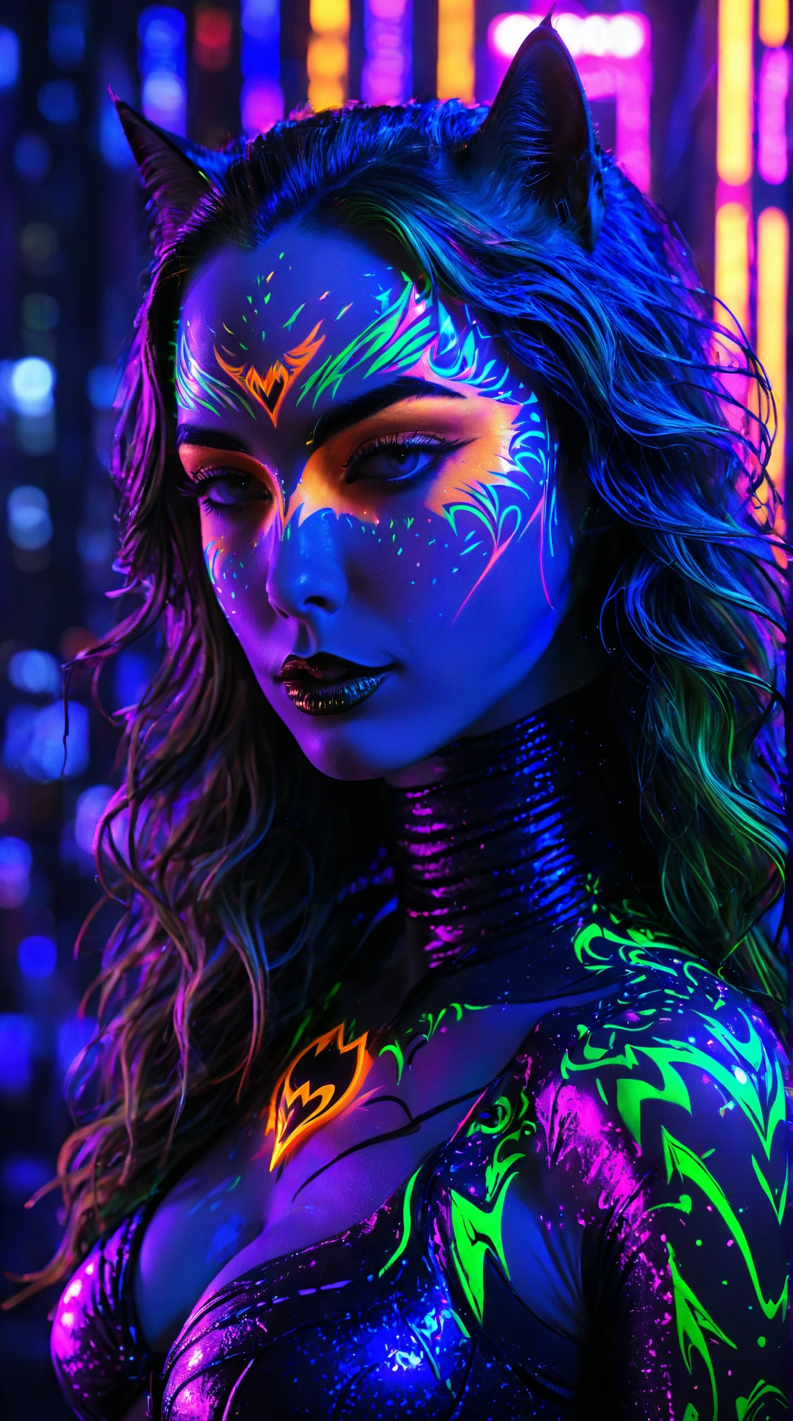 (black light painted on girl&#39;s face:1.3, close up black light), (masutepiece:1.3), (8K), (Best Quality:1.4), (nffsw:1.2), (Photorealistic:1.3),(Raw photography), (1girl in), (ultra high detailed), (Detailed face), Very perfect beautiful and cute face, (detailed hairs), Beautiful hair, Bangs, (Symmetrical eyes:1.3), (Detailed eyes), (Detailed skin), Realistic skin, Ultra high definition, (medium breasts:0.7, well-shaped breasts), (slim figure), (Supermodel Figures), Gentle smile:1.1, (Intricately patterned bodysuit with black light damask paint:1.3), (upperbody shot), (in the dark room withou:1.5), (cyberpunk blacklight painting background:1.3)