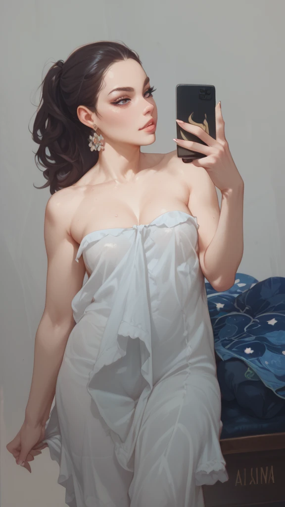 dark blue short hair，gigantic cleavage breasts（tmasterpiece，：1.2，best qualityer），（1lady，独奏，Full body body：1.2）dark blue short hair，garments：tee shirt，stocklings，Short blue shoulder-length hair accessory：Issuing ，naturey，Glowing skin，Doing：standing on your feet，Be red in the face，Shy，Lower your head slightly：Bedrooms，eBlue eyes，gigantic cleavage breasts，