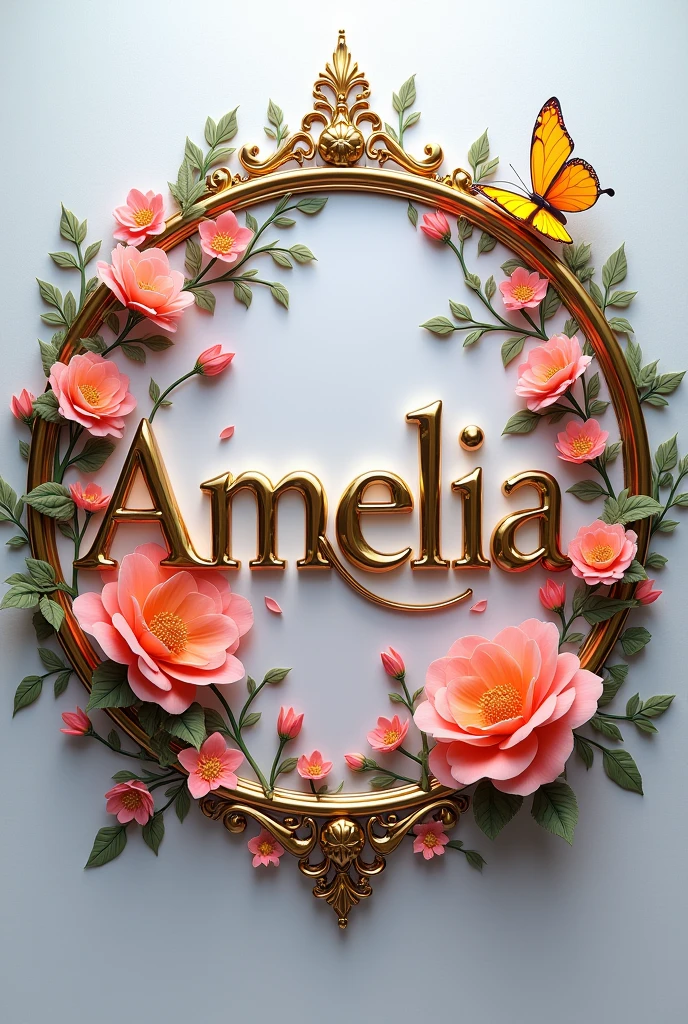 written text "AMELIA" at the centre, Alcohol ink with gold leading edge in 3D, stained glass flowers and butterfly, pastel colors, highly detailed, reflected in a mirror image. 8khd. round shape