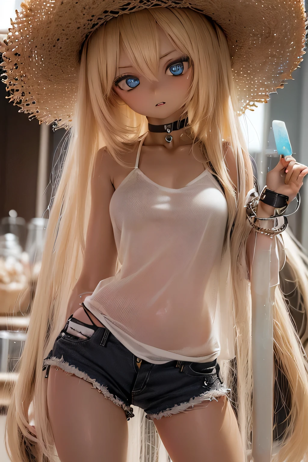 photorealistic, realistic photo, 8k, Canon EOS, ((highest quality)), ((masterpiece)), (extremely detailed), kukolnydom, doll, shiny skin, (dark skin:2), (contrapposto, head tilt, holding popsicle, straw hat, camisole, shorts, choker, bracelet, mature woman, 21yo, 21_years_old, solo:1.6), (medium breasts, parted lips, blonde hair, long hair, two side up, looking away, blank stare, blue eyes, glass eyes, shining eyes, detailed face:1.3)