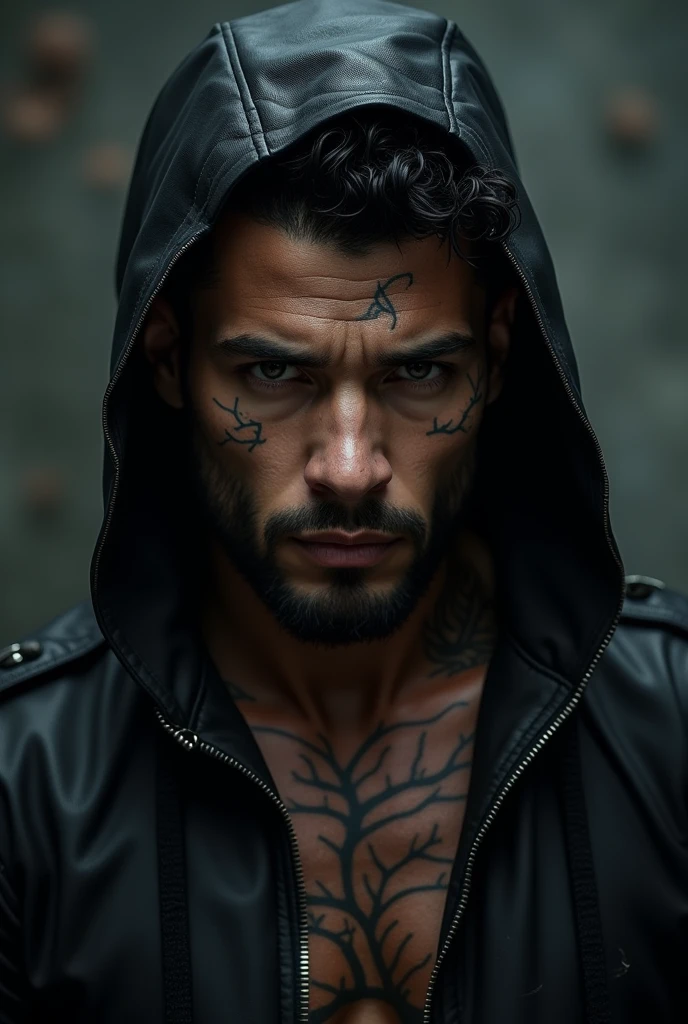 Dark-skinned man with grey eyes, short brown hair and a tattoo on the abdomen (in triangular shape) (dark fantasy) and 2