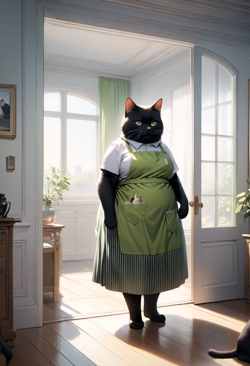 (masterpiece), (ultra-detailed), (best quality), (clear focus), (ultra-high resolution), (8k), perfect anatomy, perfect face, solo, detailed face, detailed eye, (the large chubby black cat is wearing a vertical striped green apron:1.2),  (standing alone like a human in the white room and looking at outside from the window), (There are nothing in the room:1.4), (expressionless:1.2), (extremely detailed cat:1.3), full body