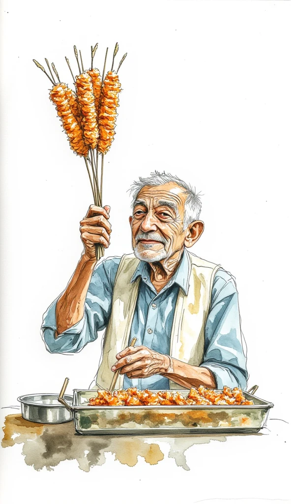 a watercolor drawing of an old man fanning satay in his food stall, white background