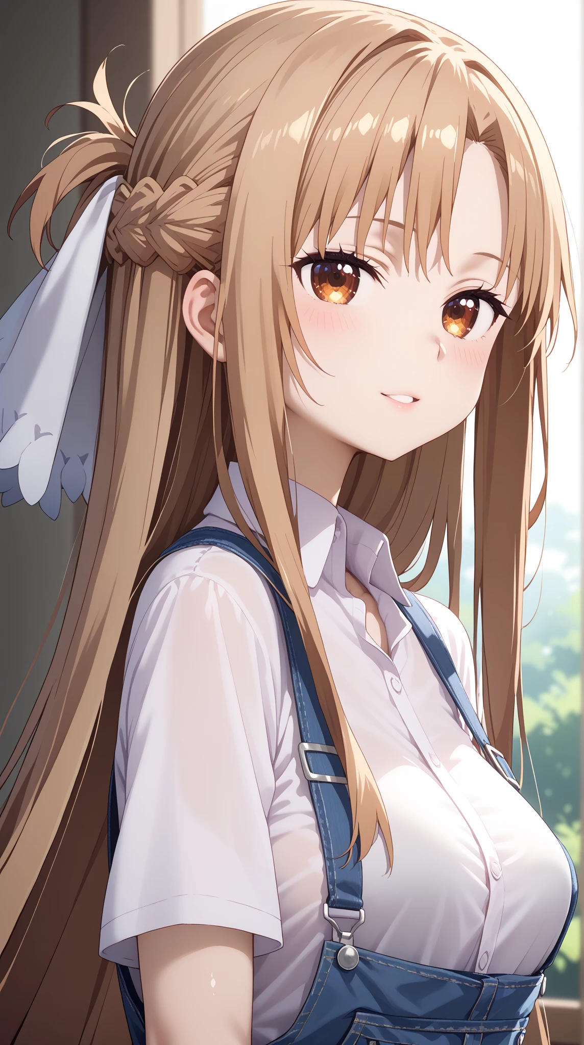 UHD, retina, textured skin, high quality, best quality, highres icon, 1080P, HD, 16k、 sao asuna、 asuna、yuki asuna、long hair、lightbrown hair、cute、 sexy、gigantic breasts、slim、body blush、shiny skin、pale skin、overalls