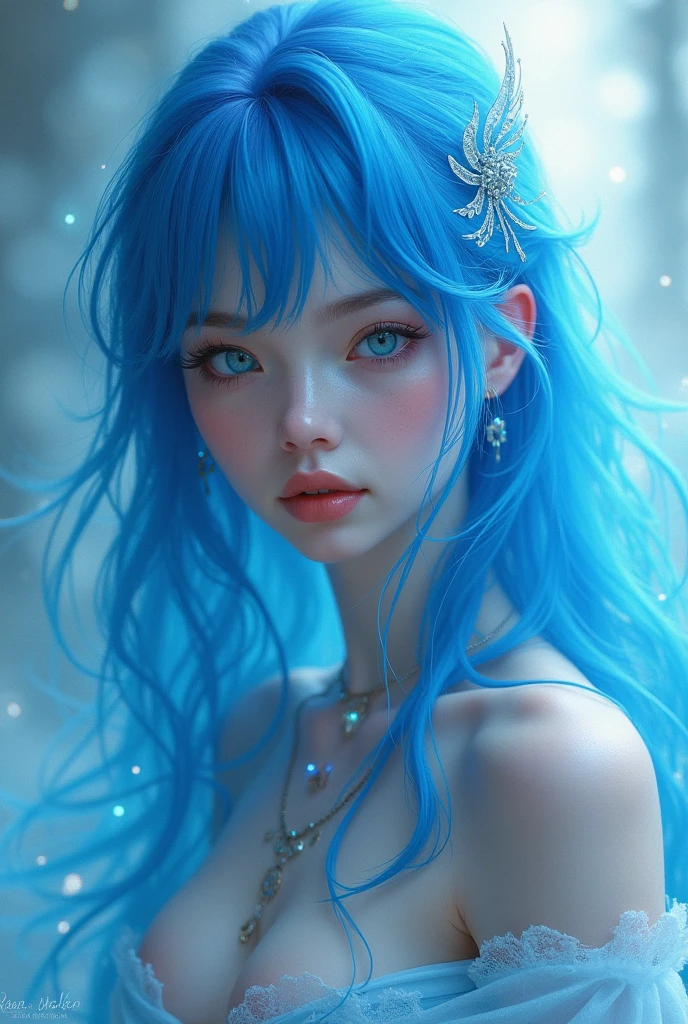 close up of a woman with blue hair wearing a white dress, digital art by Ye Xin, trending on cg society, fantasy art, fantasy art style, beautiful fantasy art portrait, azure. detailed hair, ethereal beauty, beautiful blue haired girl, beautiful fantasy maiden, beautiful young wind spirit, ethereal fantasy, beautiful fantasy portrait, beautiful fantasy art, beautiful digital artwork