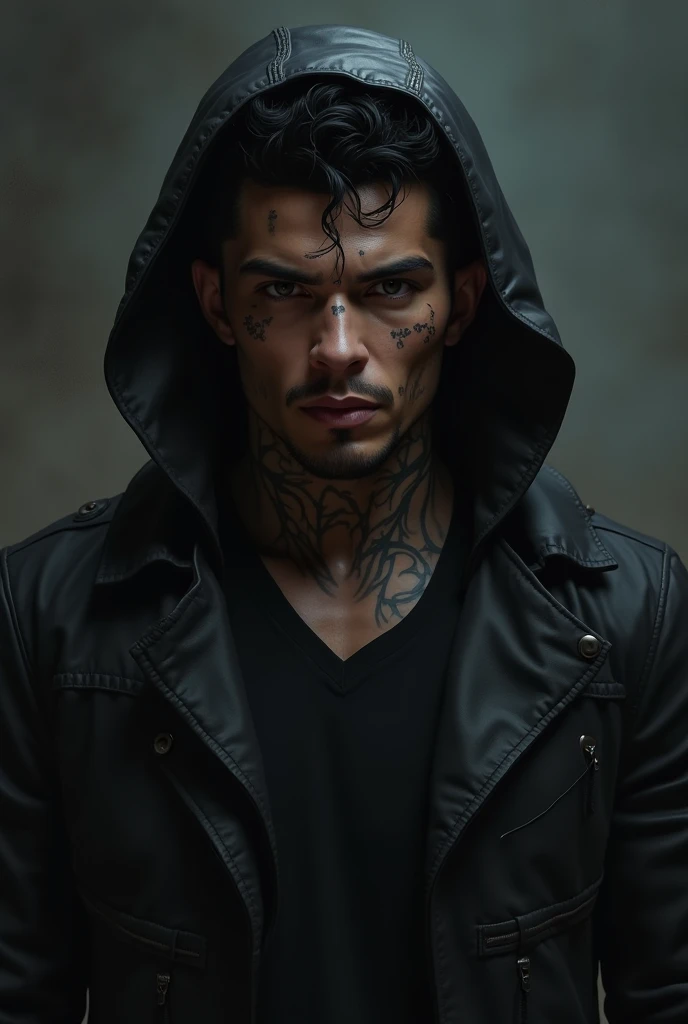 Tattod male model shaved head pointy mustache, soul pach, very visible glasgow smile scars, as a crow (comicbook and film caracter) in a dark and wett city crows flying in the becground