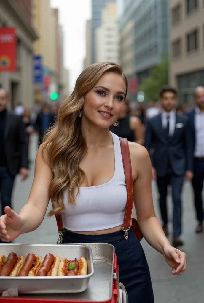 Woman with long hair, White tanktop selling hotdogs using a hotdog cart, on a busy sidewalk of bussiness district, men in bussiness attire are lining up to buy the hotdog, she is serving a buyer, wide camera lenses, daylight.