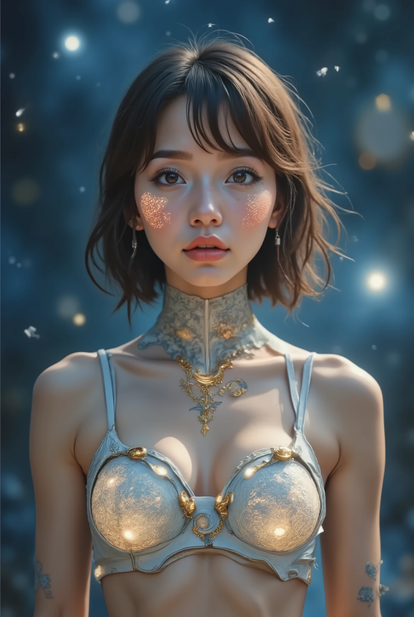 Breathtaking beauty, Perfect Composition ,standing, sharp focus , proper placement , Golden Ratio, high definition , top quality , exquisite resolution, super detailed , masterpiece, Photorealistic , 32k resolution, One Beautiful Japanese Woman, Half Japanese and half Korean, Big Breasts, big ass, (Absolutely shoulder-length Silver straight short bob), Futuristic Fashion , fashion portrait, top quality , realistic , (white ceramic Sports Underwear), (Reinforced Plastic_ceramic_A complex fusion of leather:1.37), white ceramic harness, ( Minimal Surface Area :2.0), Intricately Designed Turquoise Harness , thong panties:1.5, complex joints, Complex shoulder harness, headgear , Intricate and futuristic accessories, Reflective surface, The beauty of minimalism, Advanced Technology, A harmonious posture, Amazing Complexity , COMPLETE ANATOMY, sweaty body, detailed face , Delicate and Realistic Oily Skin Texture , simple background, Dynamic and Emotional Movie Light,