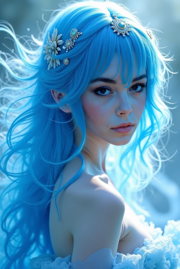 masterpiece, best quality, beautiful detailed girl, beautiful detailed glow, detailed ice, beautiful detailed water, beautiful detailed eyes, expressionless, floating palaces, azure hair, disheveled hair, long bangs, hairs between eyes, skyblue dress, midriff, half closed eyes, big forhead, blank stare, flower, cyborg, cyberpunk, neon lights