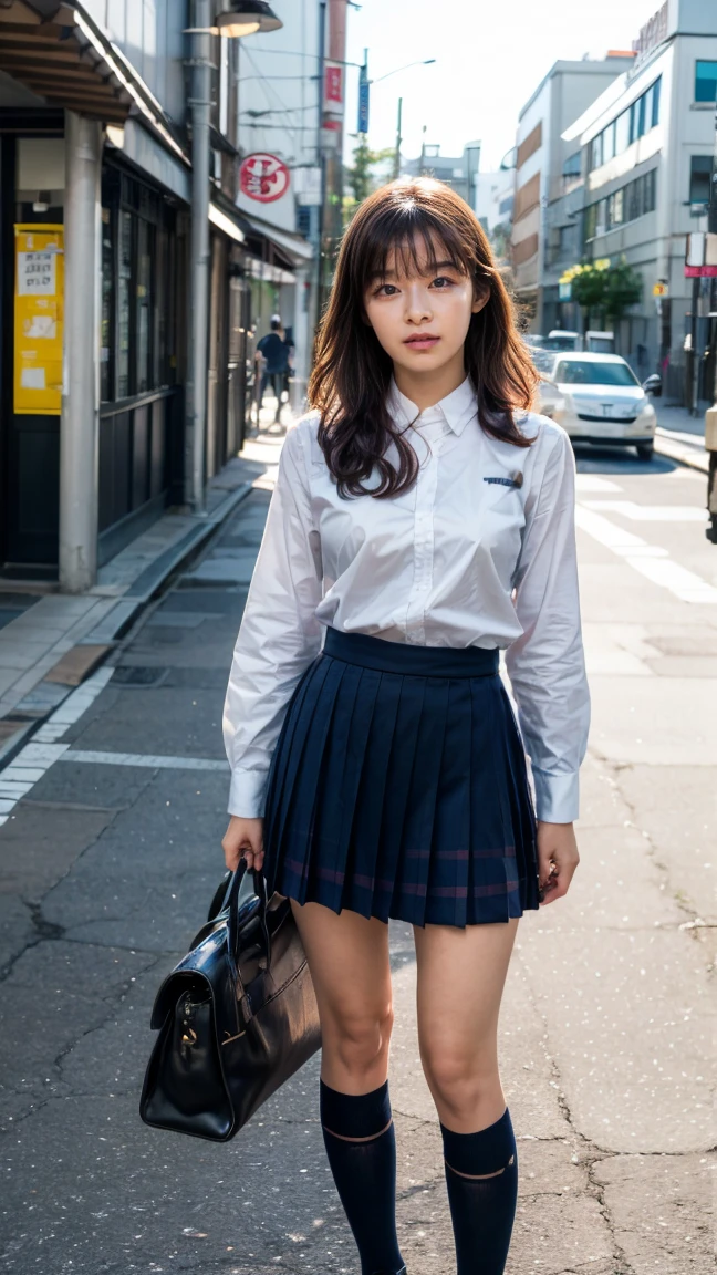 a beautiful 18 year old Japanese high school girl with perfect anatomy, healthy thighs, beautiful legs, beautiful skin, random hair color and style, large breasts, (wearing a Japanese schoolgirl uniform:1.3), (she is standing:1.2), penny loafers, holding a student bag, full body shot, standing on a city street, (best quality,4k,8k,highres,masterpiece:1.3),(extremely detailed:1.2), photorealistic, ultra-detailed, vivid colors, studio lighting, professional, morinana