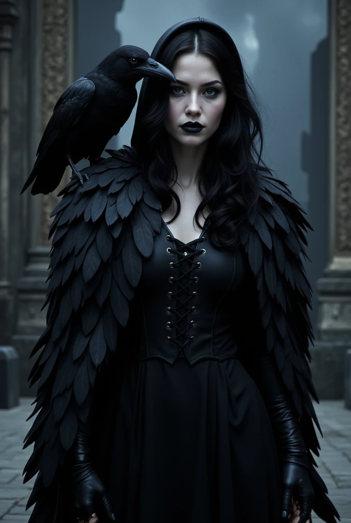 A pale female elf, cheeky, provocative, Sufficient,  mysterious,  full lips,  black hair,  long hair, Curly,  black dress , laced,  wears a cape made entirely of raven feathers, Hood over the head, No weapons ,  dark makeup , black lips, Many ravens around her ,  at night , cheeky look ,  undaunted , A raven on his shoulder , mysterious, Ravenqueen