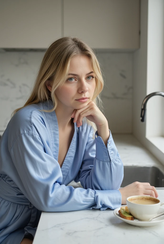 Selfie of a 30-year-old slim woman with long light blonde hair left loose but slightly messy, blue-grey eyes and medium breast wearing a silky blue robe, sitting by a marble countertop. A freshly brewed cappuccino in a delicate cup and a small plate with avocado toast next to her. She looks thoughtfully, the morning light highlighting her serene expression. Minimalistic and elegant kitchen background, Instagram-worthy.