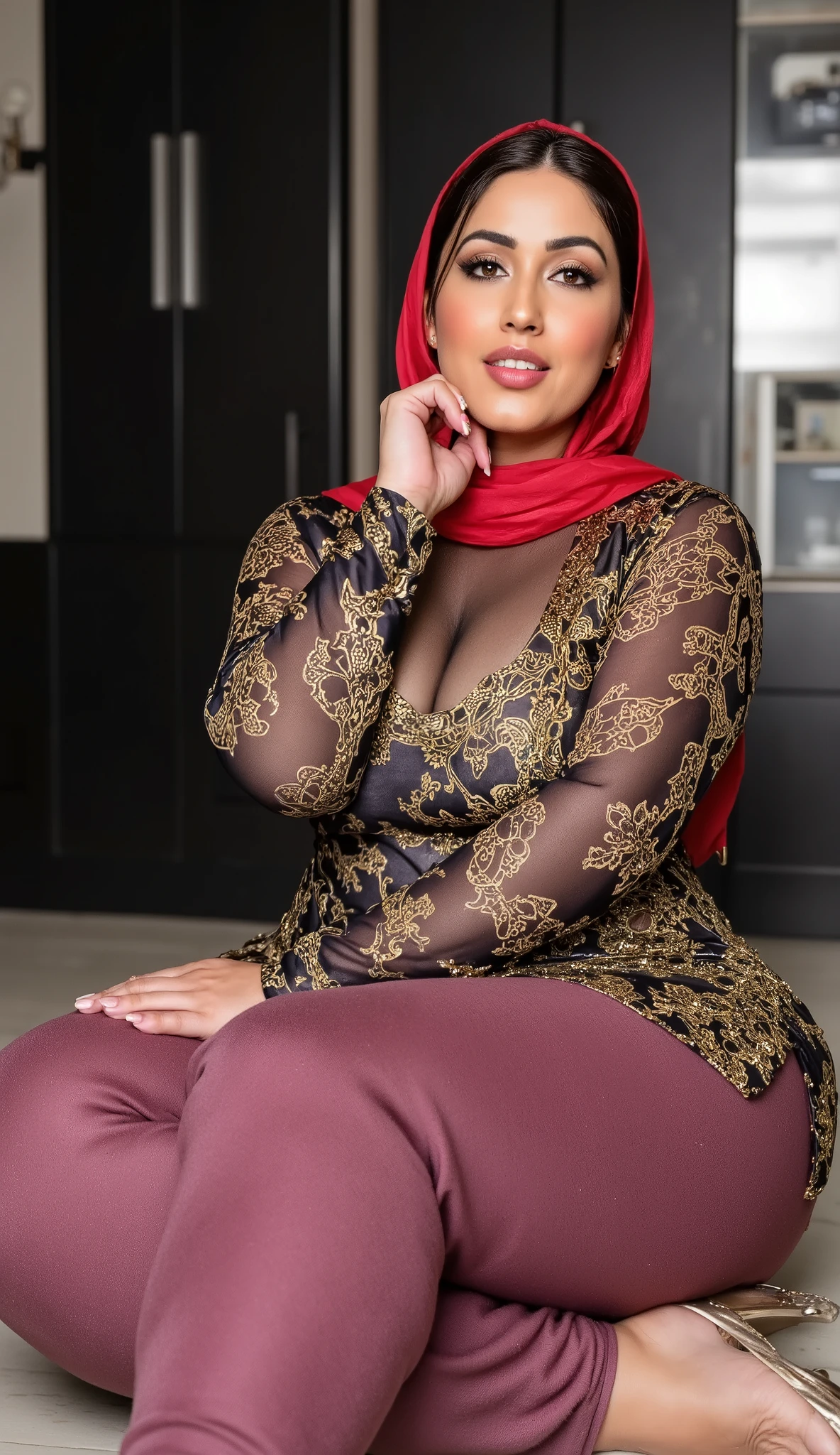 I am 50 year old plus size tall and big giant indian muslim women, looking like indian actress hansika motwani, wearing a black and gold mix colour printed Sleevless transparent knee length kurti and shining reflective glossy mauve leggings and shining red silk hijab,white-skin,
white skin tone, beautiful face, red lips, clean skin, celebrity face, thick leggs, round ass,bulging ass,huge breast,scooping D cup Breast,long polished nails,6 inch gold and red mix stileto heels,
women sitting on knees on floor for muslim prayer, both hands resting on thighs,in a black painted beautiful kitchen,women have huge bulging ass, happy face,looking the viewer,realistic photo,full body image,wide angle shot in camera, realistic photo, looking on camera for a snap,a quarter back side view of women,UHD photo,generate only woman sitting in side pose images and no standing images,exposing ass through kurti slit,