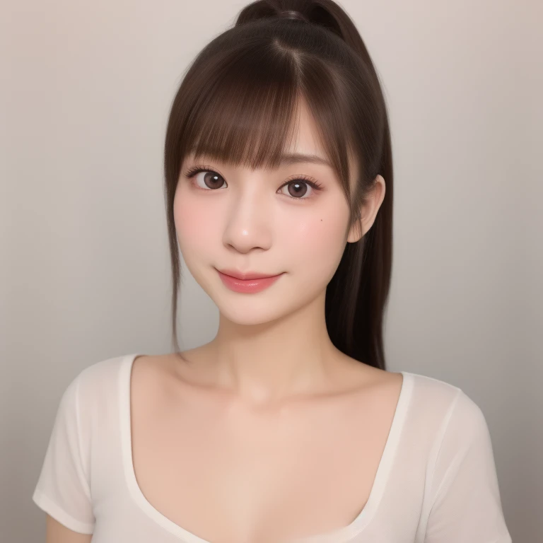 (kawaii 18 year-old Japanese girl), (glossy brown hair, high ponytail, bangs, black eyes:1.3), (soft smiling), (wearing crew necked t-shirt:1.3), well shaped extra small breasts, plain white background, id photo, bust shot, (masterpiece, best quality, photo realistic:1.4), (professional lighting, physically-based rendering, glossy skin, extremely detailed eyes and skin textures, golden ratio, depth of field), 1girl, solo,