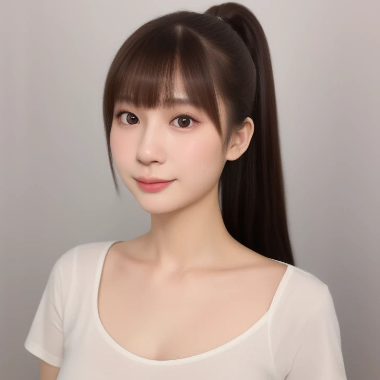 (kawaii 18 year-old Japanese girl), (glossy brown hair, high ponytail, bangs, black eyes:1.3), (soft smiling), (wearing crew necked t-shirt:1.3), well shaped extra small breasts, plain white background, id photo, bust shot, (masterpiece, best quality, photo realistic:1.4), (professional lighting, physically-based rendering, glossy skin, extremely detailed eyes and skin textures, golden ratio, depth of field), 1girl, solo,